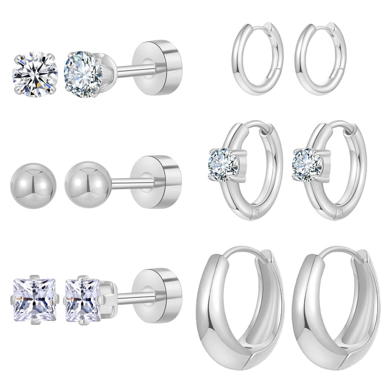 Stainless Steel Gold/Silver Plated Hoop Earrings for Women, Hypoallergenic 14k Gold Hoops Huggie Earrings Lightweight Cartilage Small CZ Ball Flatback Studs Earring Pack for Multiple Piercing